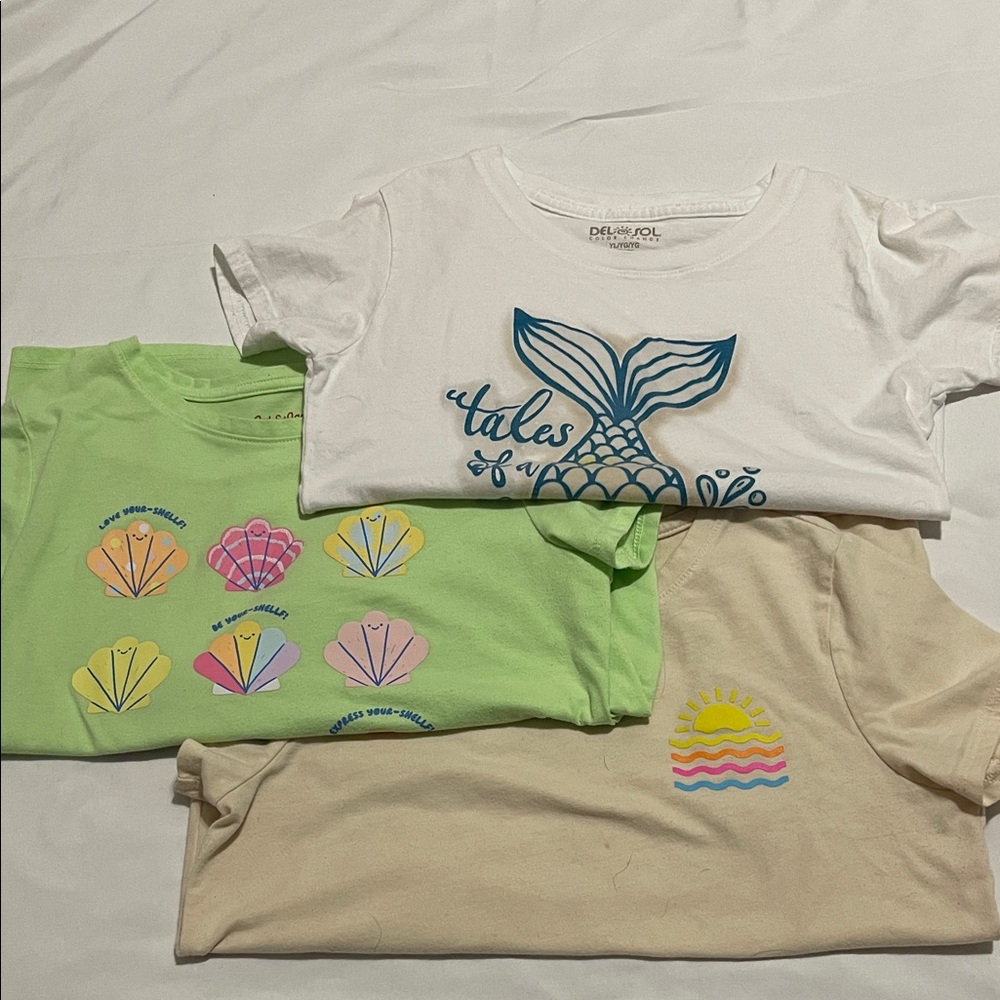 Kids Summer/Beach Graphic T-Shirts Set- White, Green, Cream